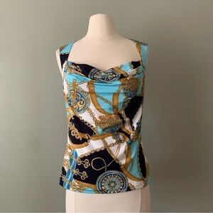 Cache Blue and Gold Chain Print cowl neck top